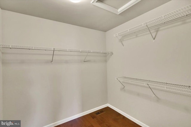 spacious closet featuring dark wood finished floors and visible vents