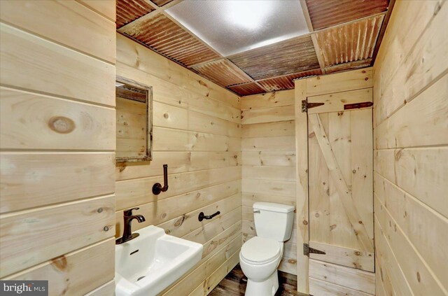 bathroom featuring toilet, wooden ceiling, wooden walls, and a sink