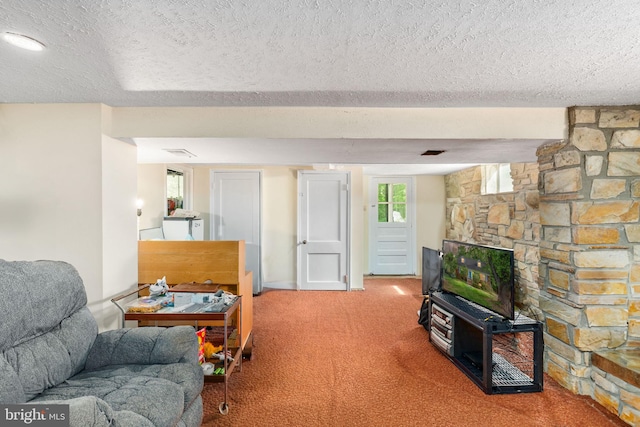 6510 Oakwood Dr, Falls Church, VA 22041 - living area with carpet floors, a healthy amount of sunlight, visible vents, and a textured ceiling