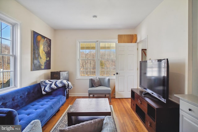 living room with plenty of natural light and light hardwood / wood-style flooring