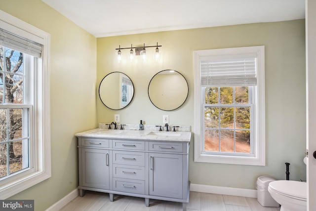 bathroom with vanity, toilet, and a wealth of natural light