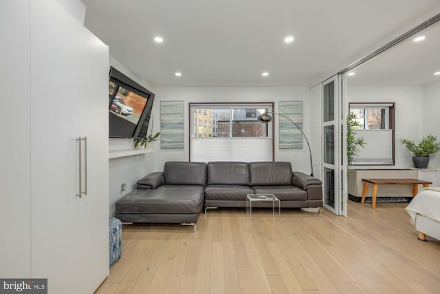 living room with light wood-type flooring and recessed lighting