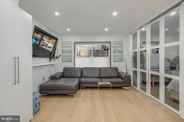 living room with hardwood / wood-style flooring and recessed lighting