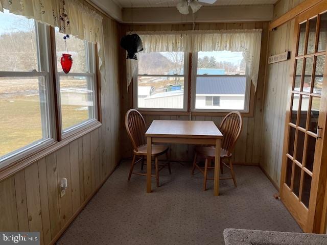 carpeted dining area with wood walls