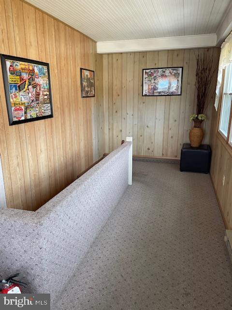 hallway featuring wooden walls and carpet flooring