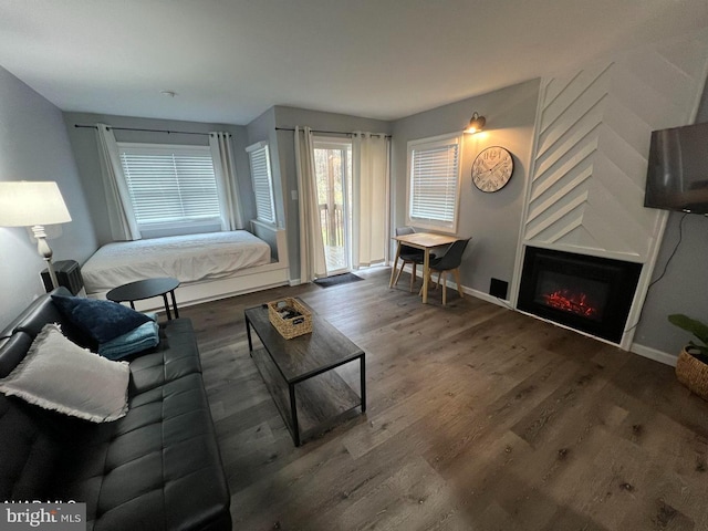 bedroom with access to exterior and dark wood-type flooring