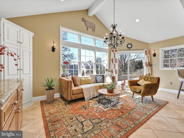 sitting room featuring light tile patterned floors, baseboards, and beamed ceiling