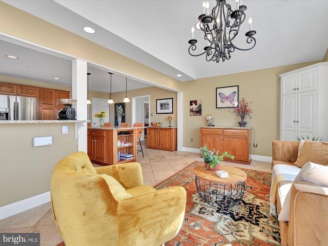 living area featuring recessed lighting, light tile patterned flooring, and baseboards