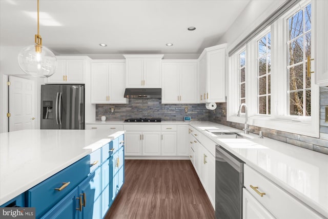 kitchen with sink, blue cabinetry, stainless steel appliances, and white cabinetry