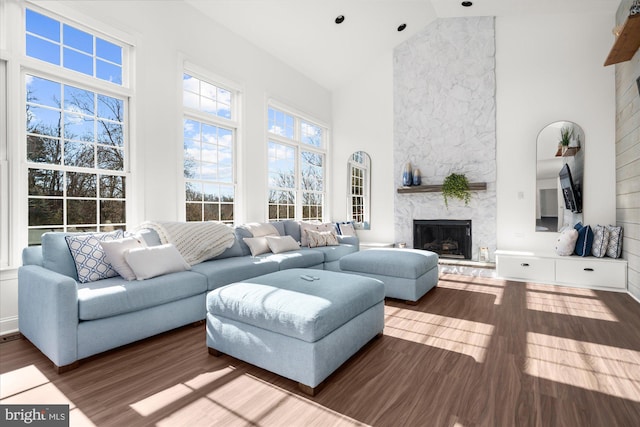 living room with a fireplace, high vaulted ceiling, and hardwood / wood-style floors