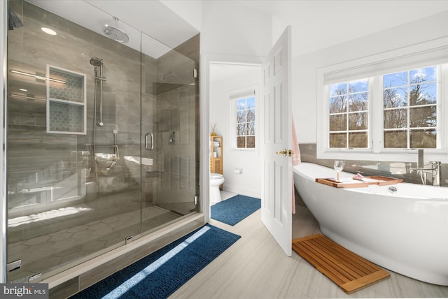 bathroom with separate shower and tub and toilet