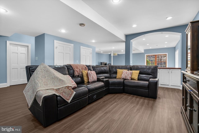 living room with dark hardwood / wood-style flooring