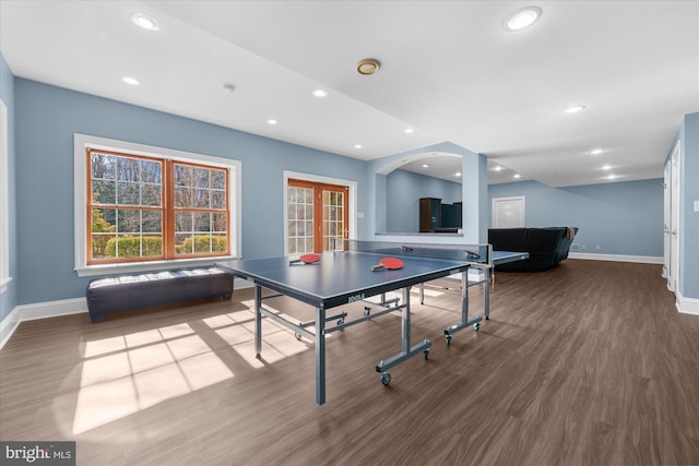 rec room featuring hardwood / wood-style flooring and french doors