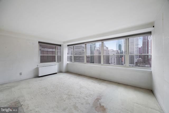 unfurnished room with carpet floors and a view of city