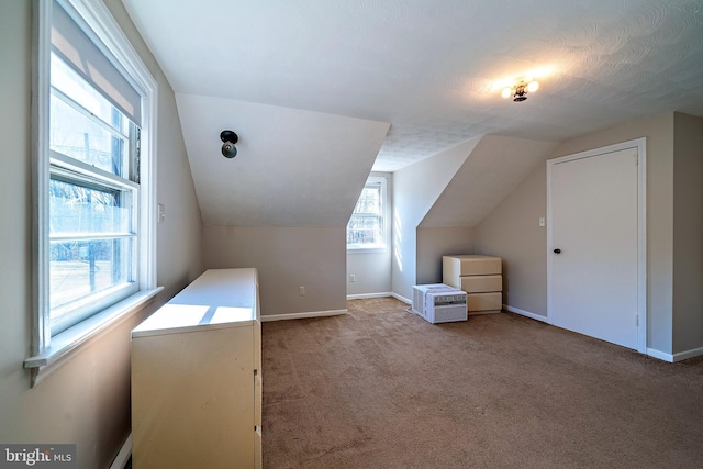 additional living space featuring baseboards, carpet flooring, and vaulted ceiling