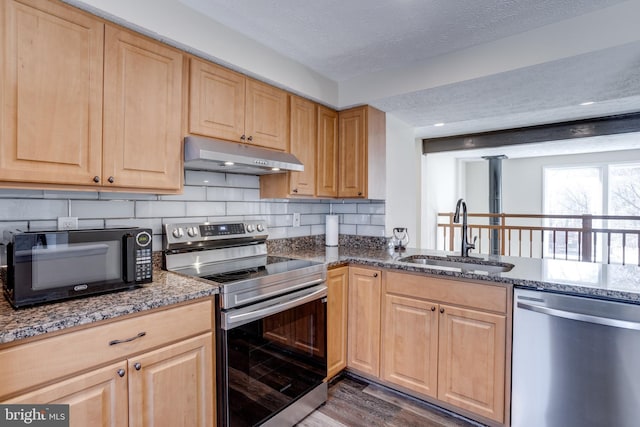 kitchen with dark wood-style floors, light brown cabinetry, a sink, appliances with stainless steel finishes, and under cabinet range hood