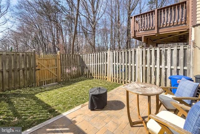 view of patio / terrace featuring a fenced backyard and a gate