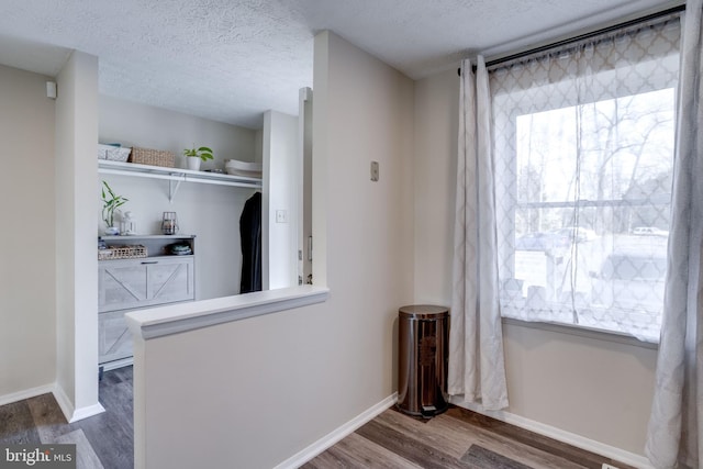 interior space with a wealth of natural light, baseboards, a textured ceiling, and dark wood-style flooring