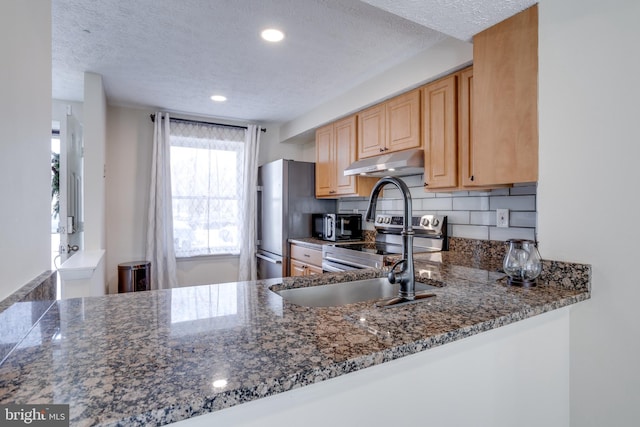 kitchen featuring a textured ceiling, a sink, appliances with stainless steel finishes, under cabinet range hood, and tasteful backsplash