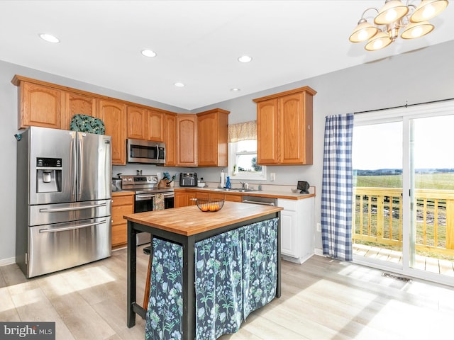 kitchen featuring appliances with stainless steel finishes, butcher block counters, a sink, and light wood-style flooring