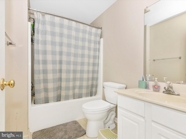 bathroom with toilet, shower / bath combo with shower curtain, and vanity