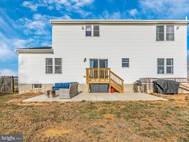 rear view of house with a patio area, fence, an outdoor hangout area, and a yard