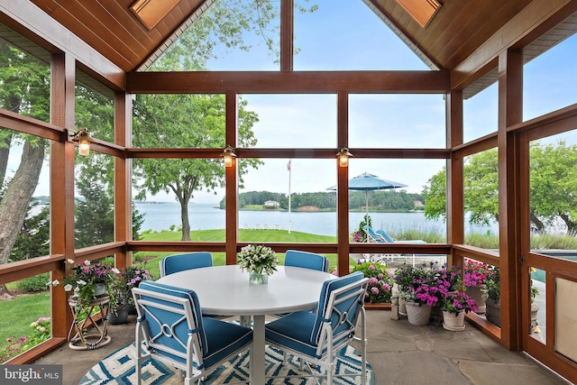 1556 Widows Mite Rd, Edgewater, MD 21037 - sunroom with a water view, high vaulted ceiling, wood ceiling, outdoor dining area, and a skylight