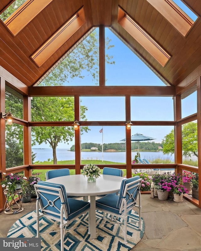 1556 Widows Mite Rd, Edgewater, MD 21037 - sunroom featuring a skylight, a water view, healthy amount of natural light, wood ceiling, and high vaulted ceiling