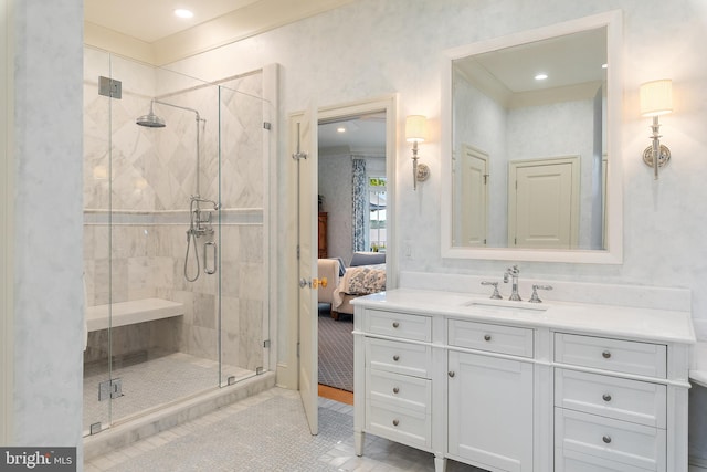 1556 Widows Mite Rd, Edgewater, MD 21037 - full bath featuring ensuite bath, a shower stall, vanity, and tile patterned floors