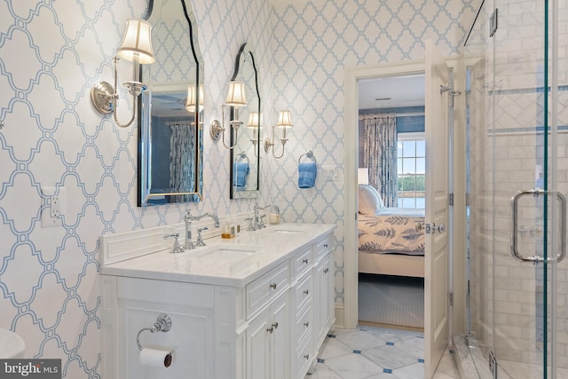 1556 Widows Mite Rd, Edgewater, MD 21037 - bathroom featuring wallpapered walls, ensuite bath, double vanity, and a shower stall