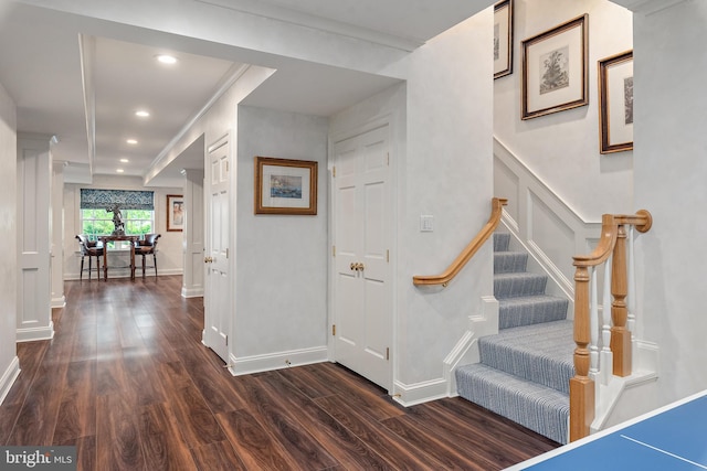 1556 Widows Mite Rd, Edgewater, MD 21037 - foyer entrance featuring dark wood-style floors, stairway, and recessed lighting