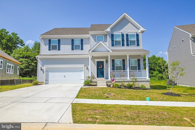 view of front of house with an attached garage, a front lawn, a porch, and concrete driveway