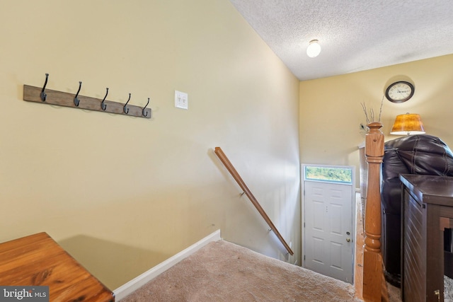 staircase featuring carpet flooring and a textured ceiling