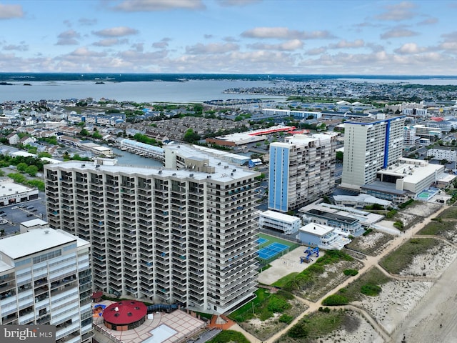 bird's eye view with a view of city and a water view