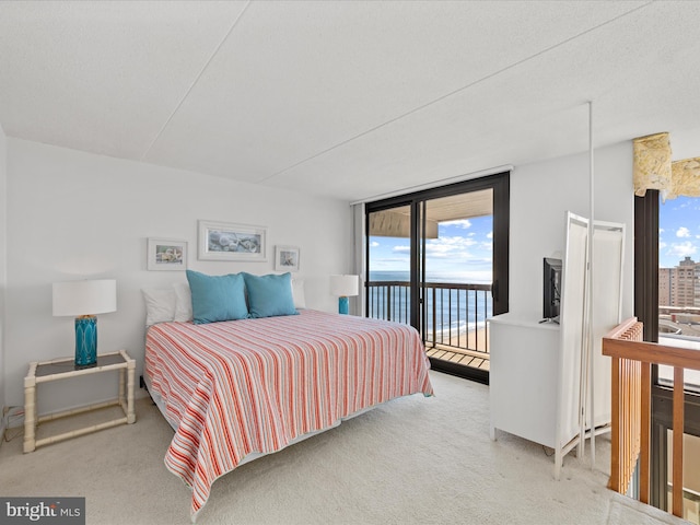 bedroom featuring light carpet, a wall of windows, and access to exterior