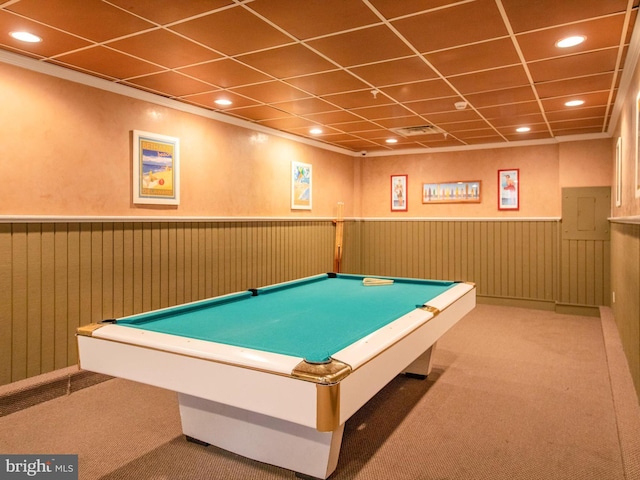 game room featuring carpet, a wainscoted wall, and recessed lighting