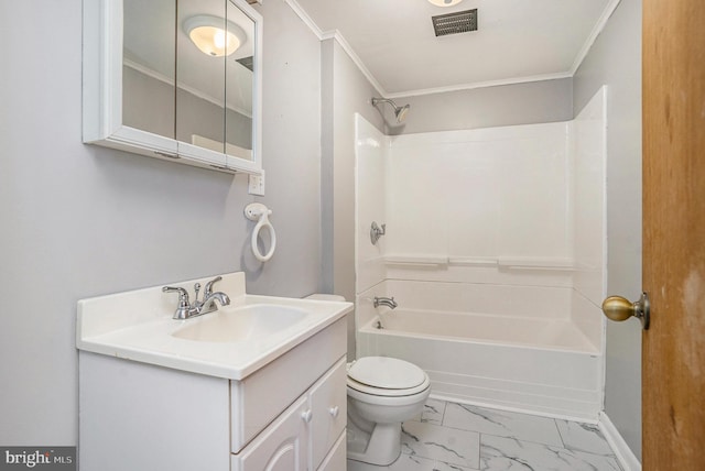 bathroom with visible vents, toilet, marble finish floor, ornamental molding, and tub / shower combination