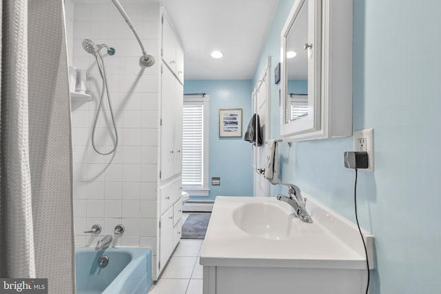 full bathroom featuring shower / bath combination with curtain, a baseboard radiator, vanity, and tile patterned floors