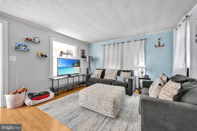 living area with a healthy amount of sunlight, a textured ceiling, and wood finished floors