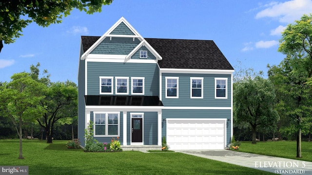 view of front of home with a front yard and a garage