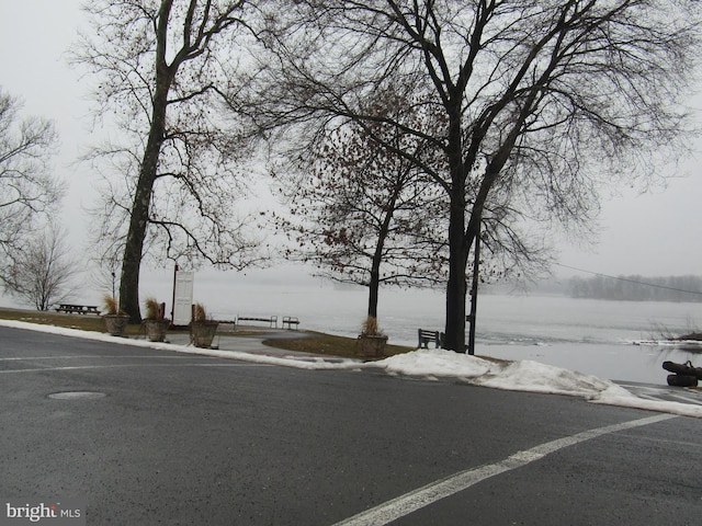 view of street with a water view