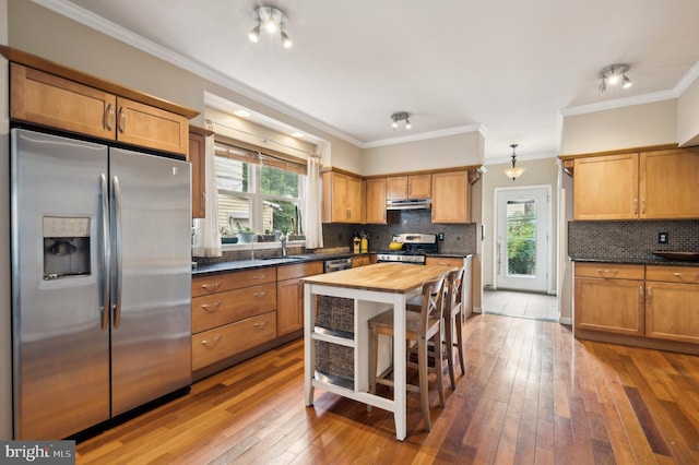 kitchen featuring appliances with stainless steel finishes, hardwood / wood-style floors, under cabinet range hood, wooden counters, and a sink