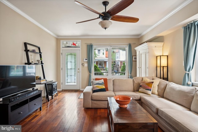 living area with ceiling fan, crown molding, baseboards, and hardwood / wood-style flooring