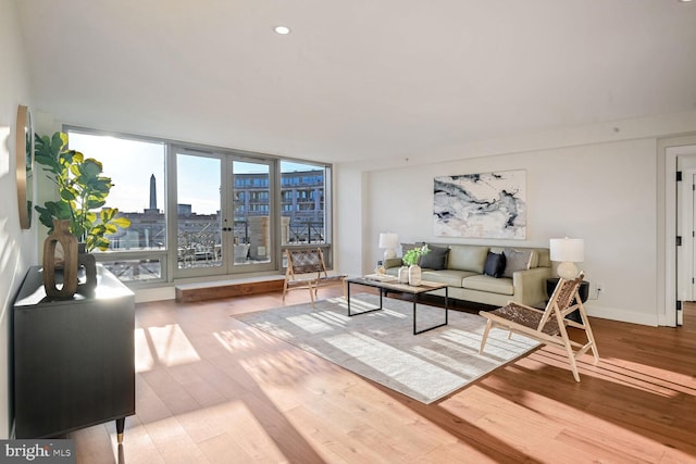 living room featuring expansive windows, baseboards, wood finished floors, and a city view