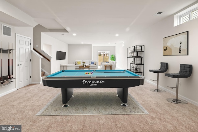 rec room featuring billiards and light colored carpet