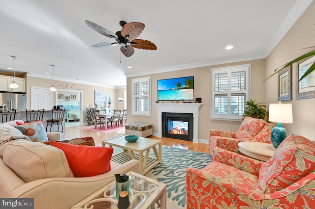 living room featuring ceiling fan, crown molding, and wood-type flooring