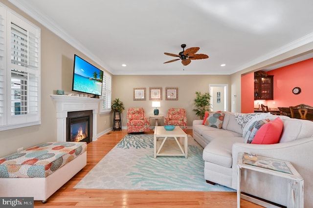 living room featuring plenty of natural light, light hardwood / wood-style floors, and crown molding