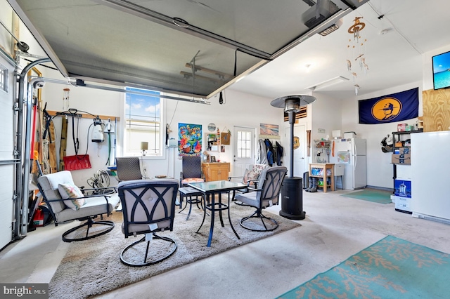 garage with white fridge