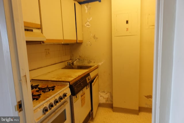 kitchen with white appliances, electric panel, a sink, decorative backsplash, and under cabinet range hood