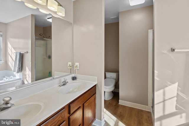 bathroom with double vanity, a shower stall, a sink, and wood finished floors